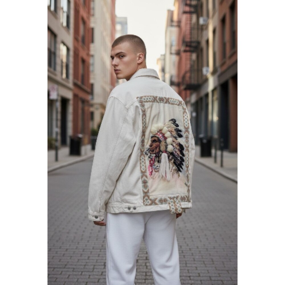 Unique Upcycled XXXL Beige Denim Jacket Ralph Lauren Indian Chief Head 90s Style